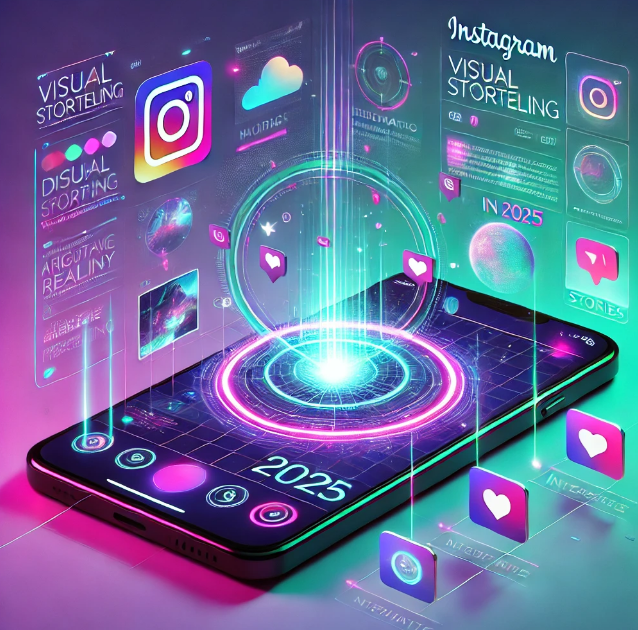 An engaging visual showcasing Instagram's enhanced storytelling platform in 2025. The interface highlights immersive features such as interactive polls, 3D effects, and real-time augmented reality filters